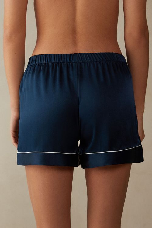 Shorts Em Seda Com Contraste - Azul