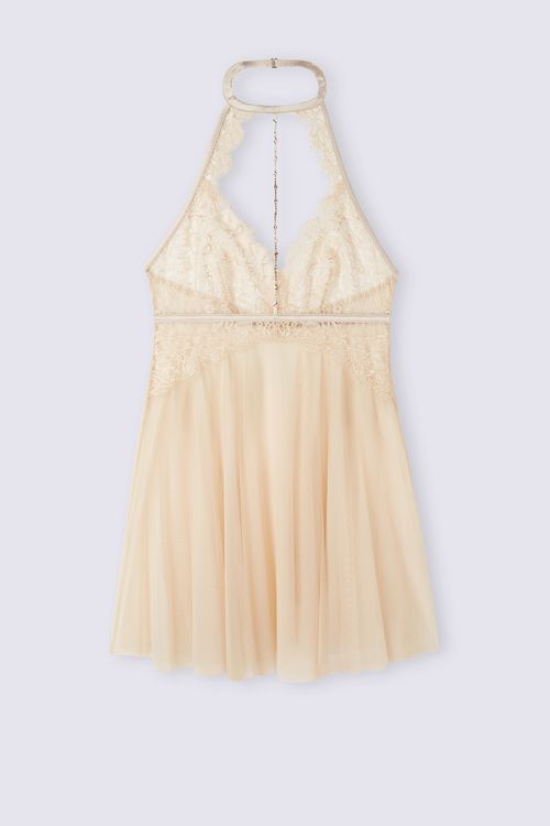 Babydoll Em Tule e Renda Living In Luxe - Bege