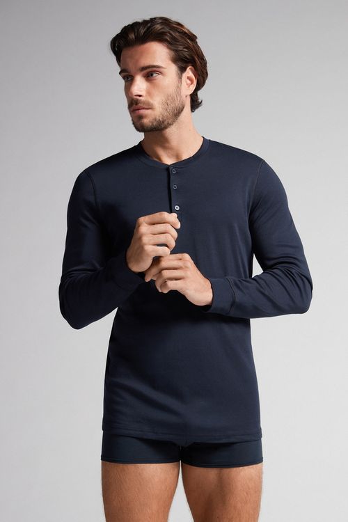 Camiseta De Manga Comprida Em Interlock Supima - Azul