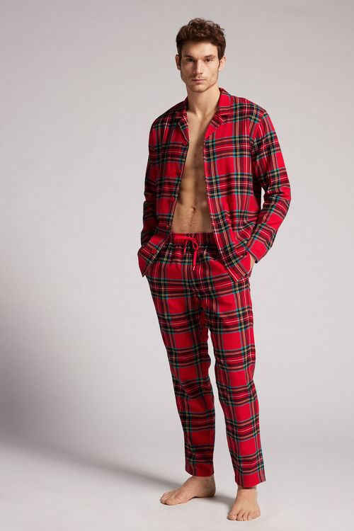 Pijama Comprido Xadrez Em Algodão - Vermelho