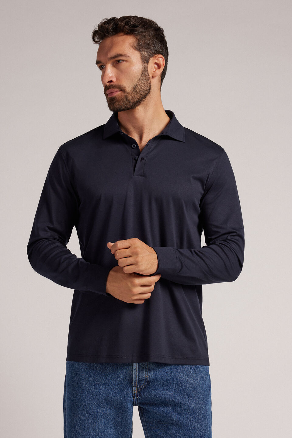 Camiseta Polo De Manga Comprida Em Algodão Mercerizado - Azul