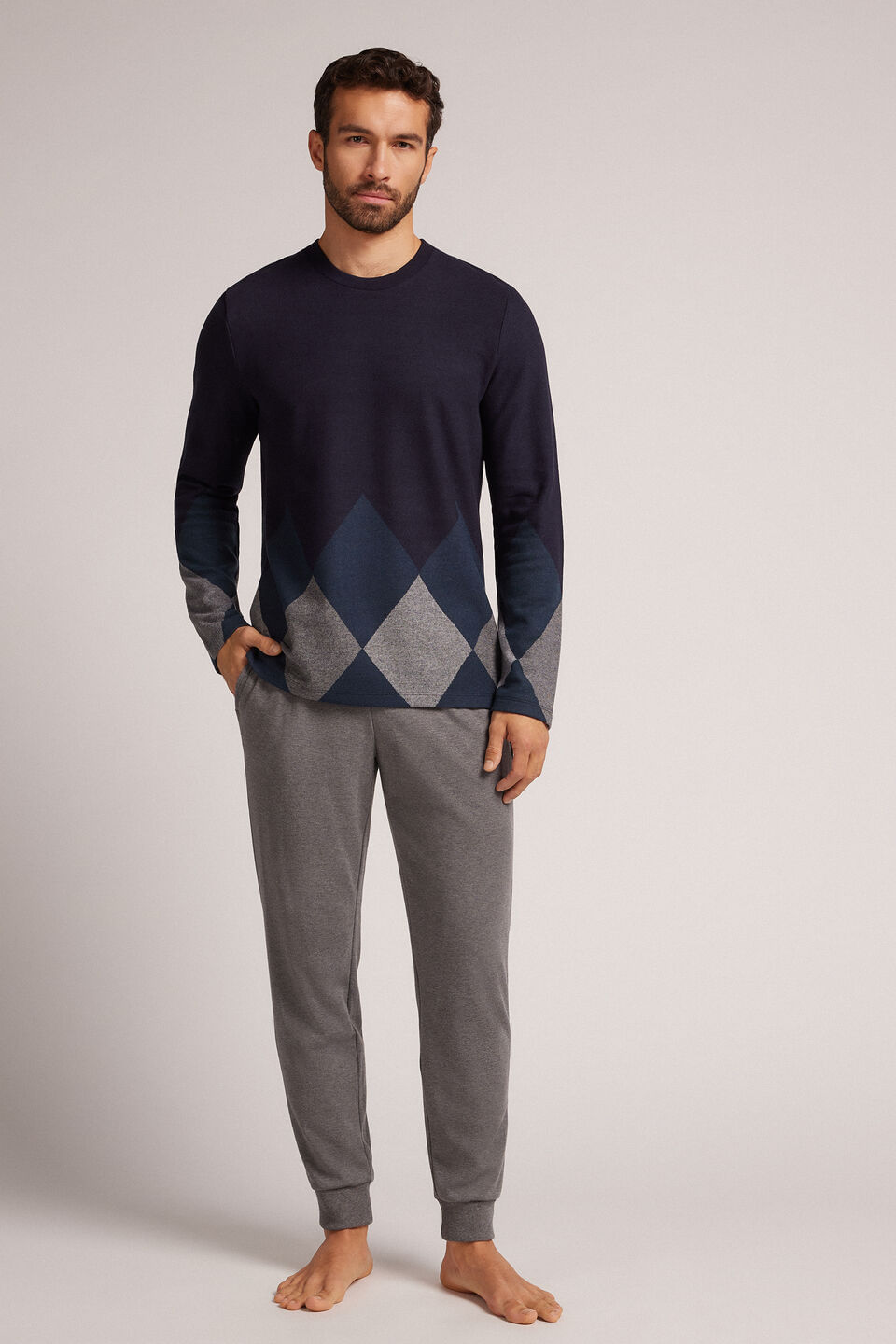 Pijama Comprido Em Tricô Com Losangos - Azul