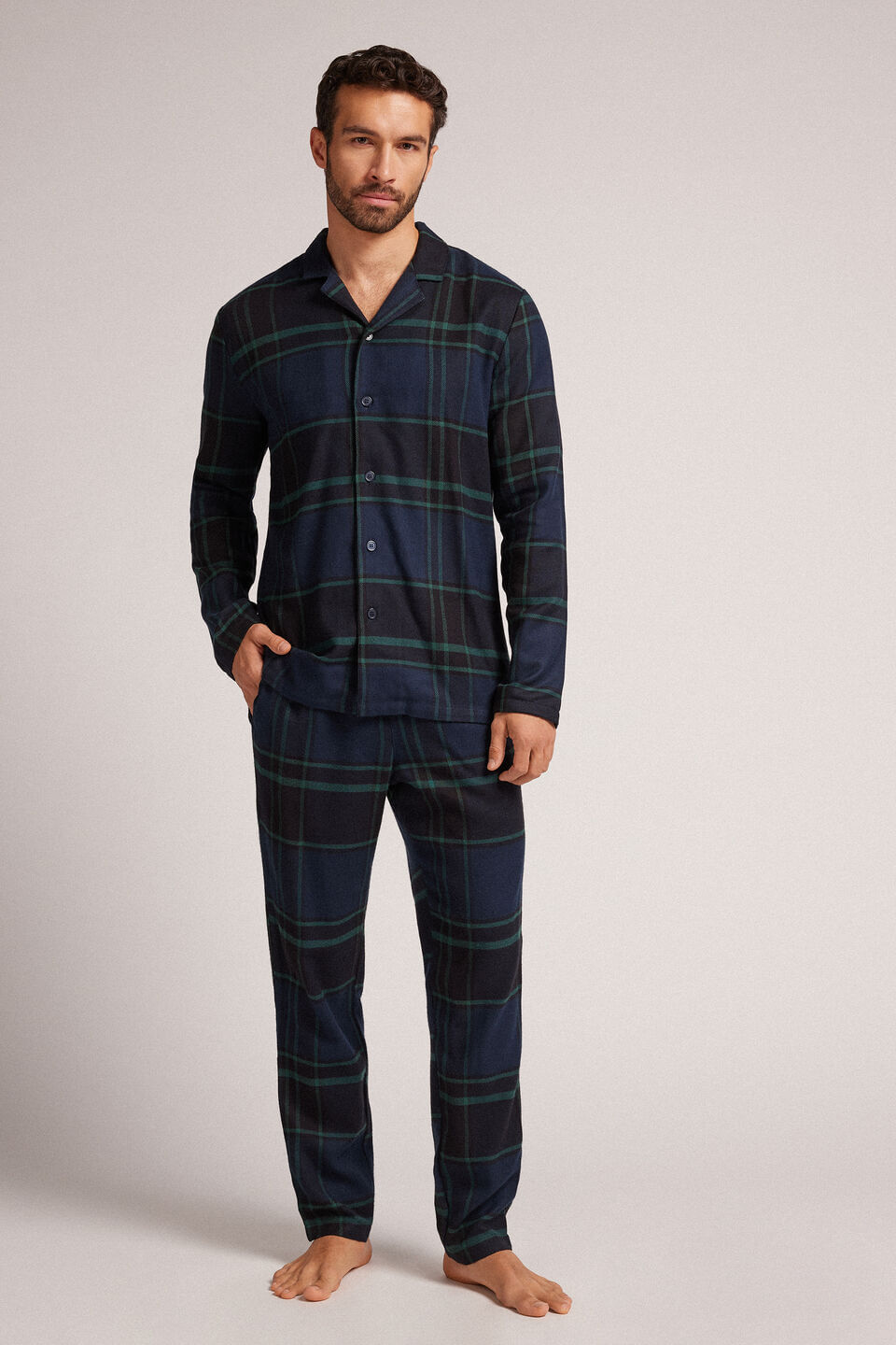 Pijama Comprido Aberto Em Algodão Escovado Xadrez - Verde