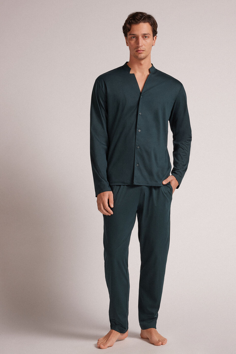 Pijama Comprido Aberto Na Frente Em Algodão - Verde