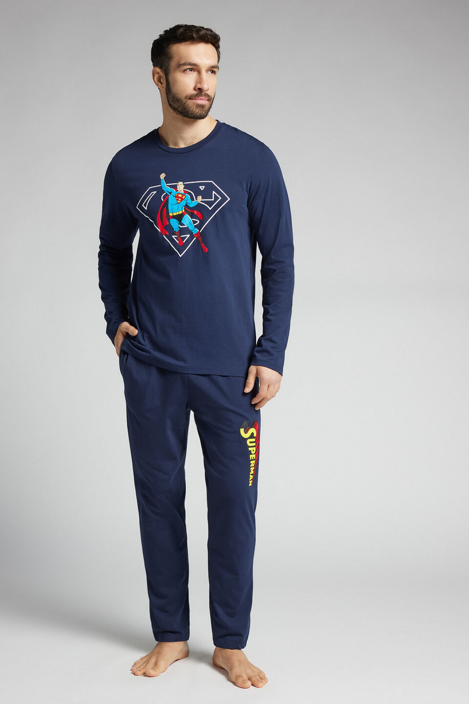Pijama Comprido Superman Em Algodão - Azul