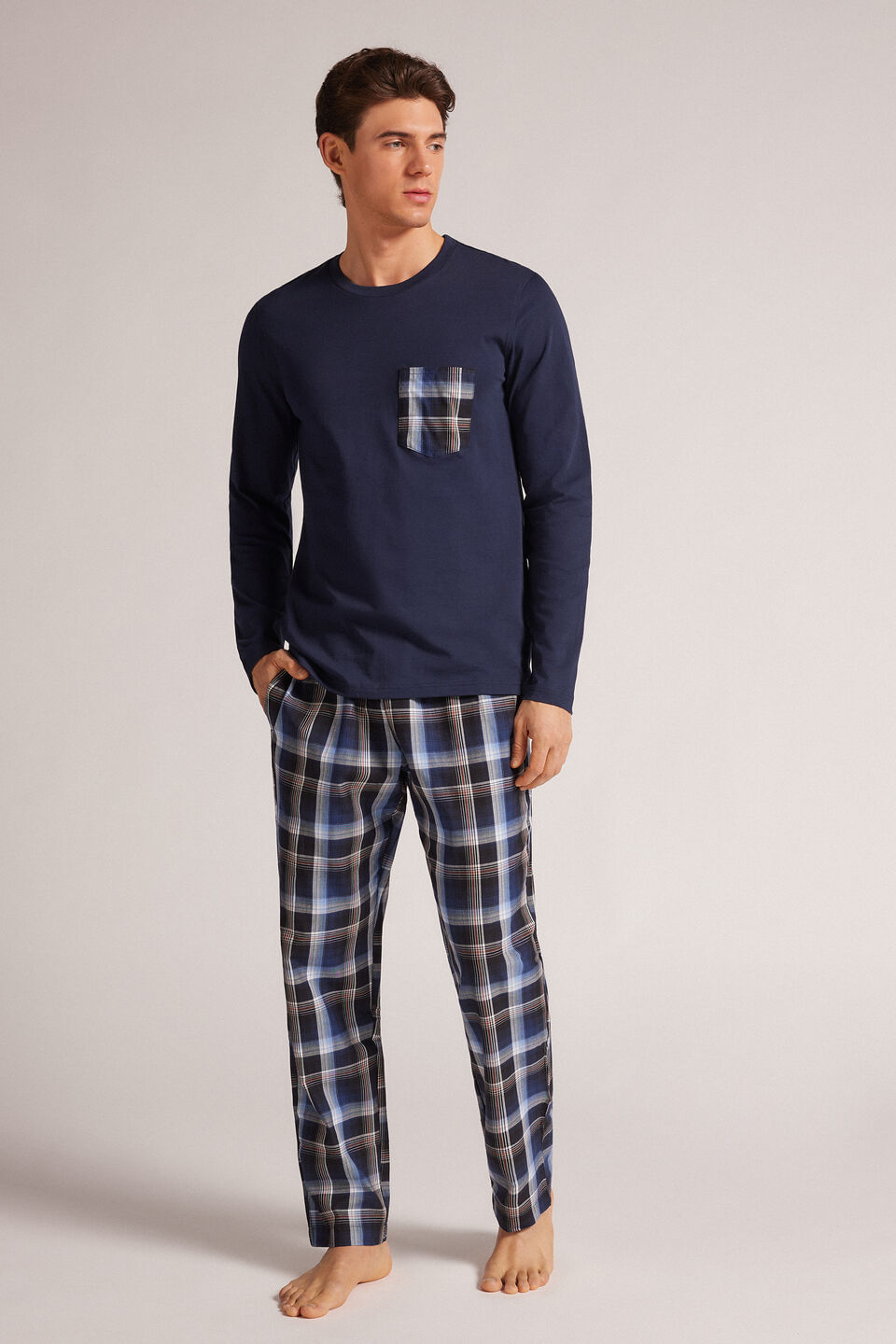 Pijama Comprido Xadrez Em Algodão - Azul