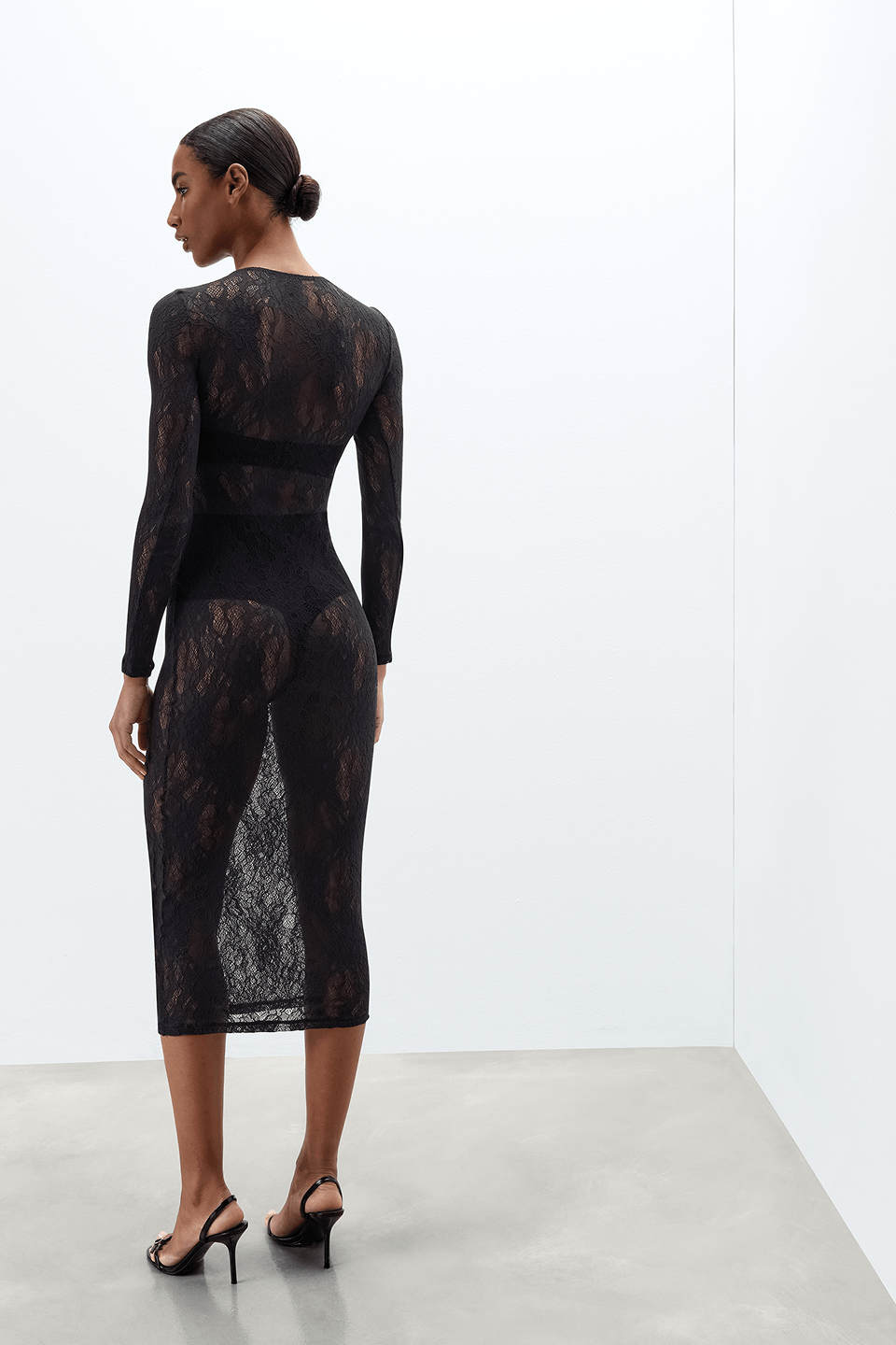 Vestido De Manga Comprida Em Renda Elástica - Preto